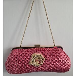 Rare Vtg Lilly Pulitzer Pink Straw Gator Critter Convertible Chain Clutch Bag